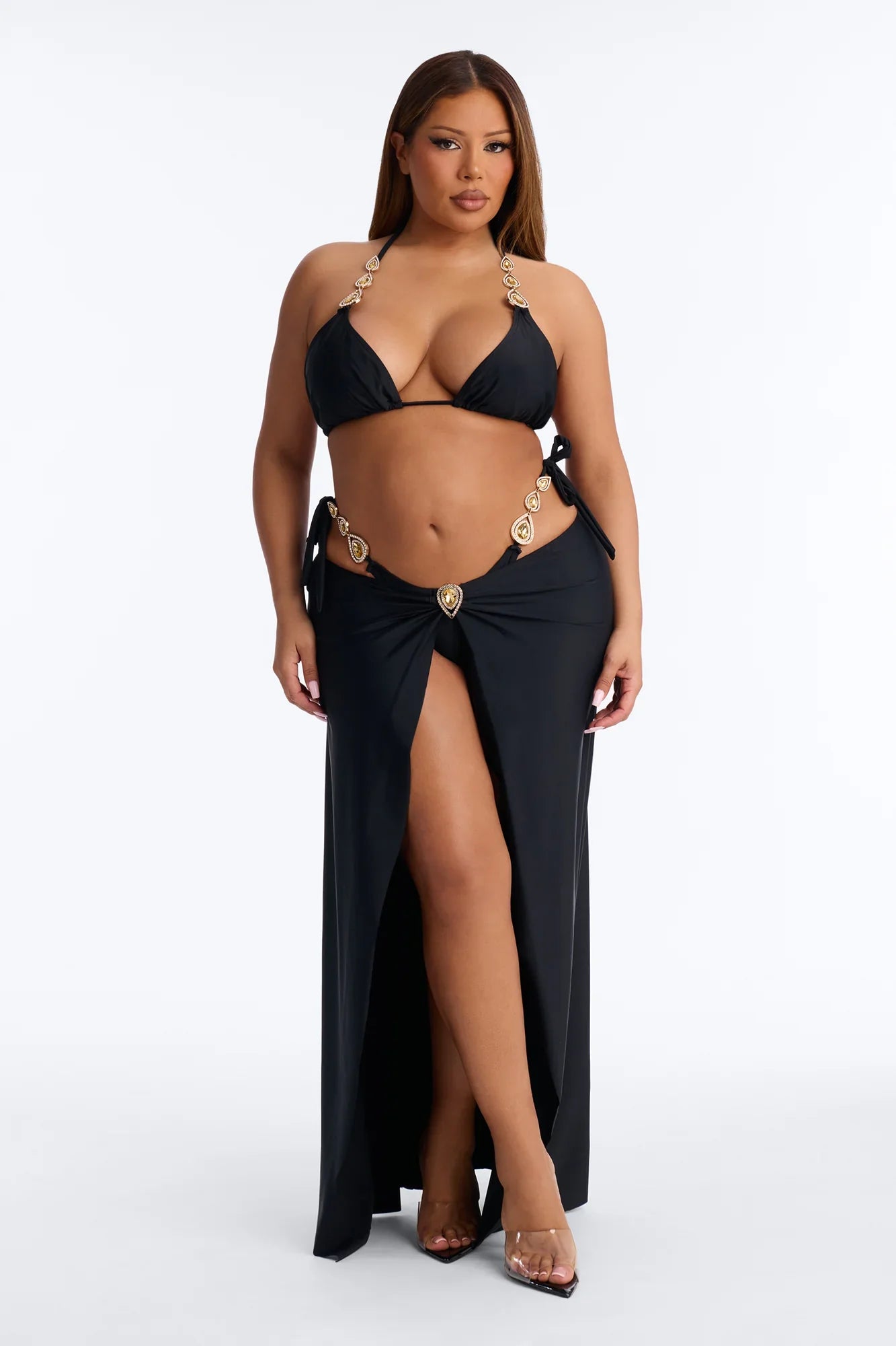 Take Me To Cancun Hardware High Slit 3 Piece Bikini Skirt Set - Black