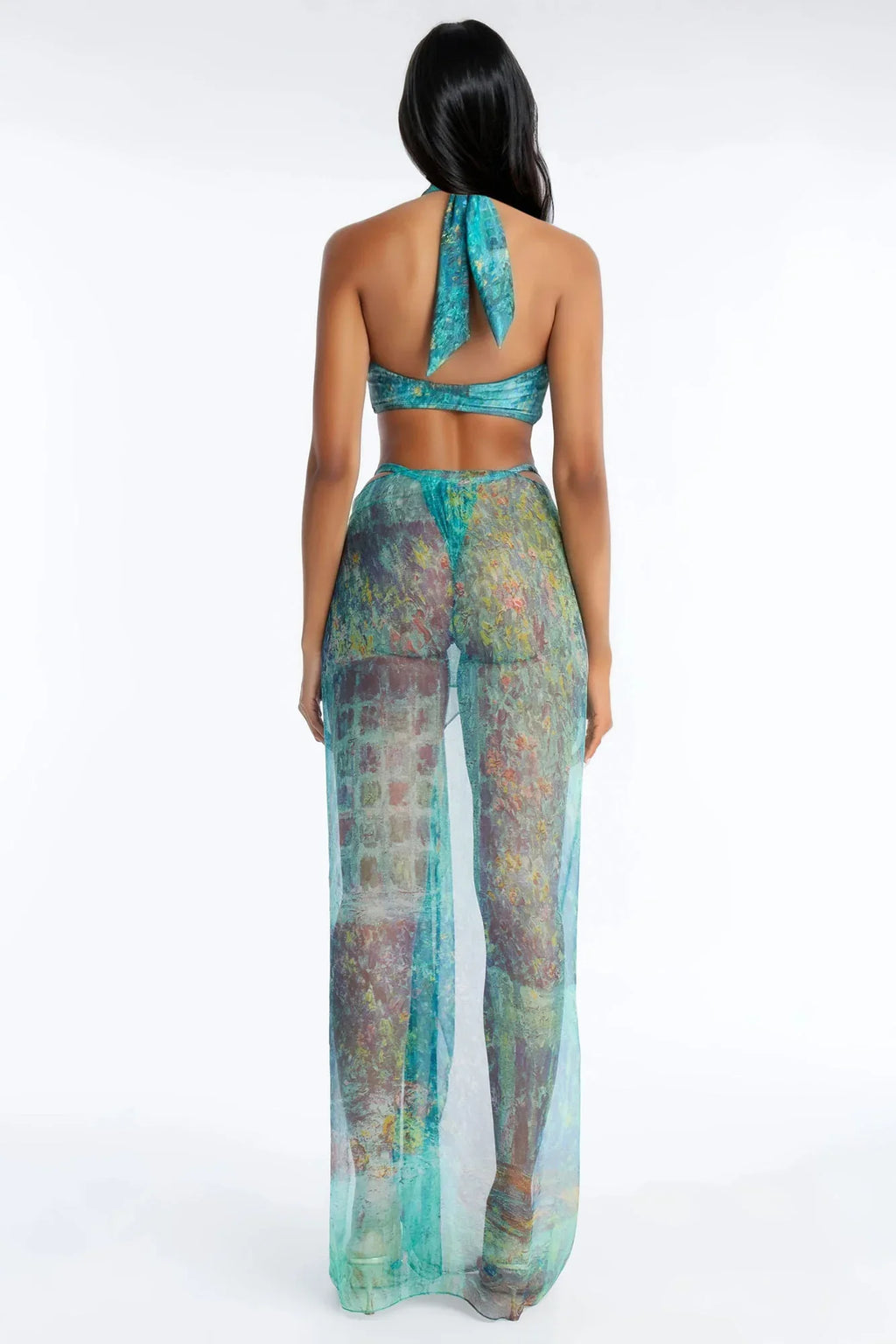 Mina Bandeau Halter Brooch Chiffon Sarong 3 Piece Bikini Set - Emerald