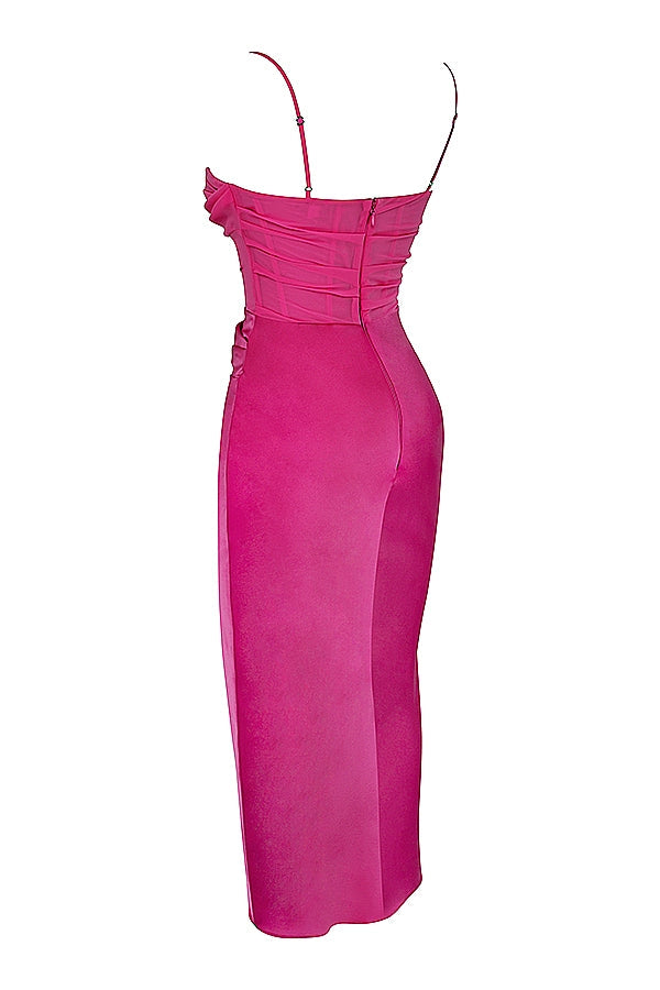 hot pink draped corset midi dress