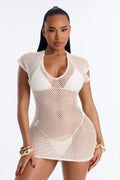 Heat Struck Short Sleeve Mini Swim Cover Up Dress - White