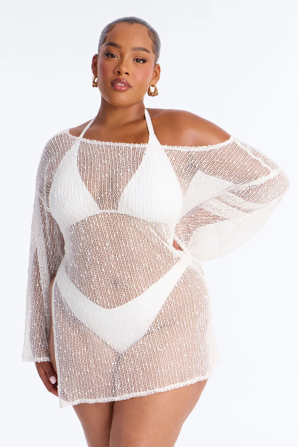Sarah Textured Long Sleeves Off Shoulder Swim Cover Up Top - White