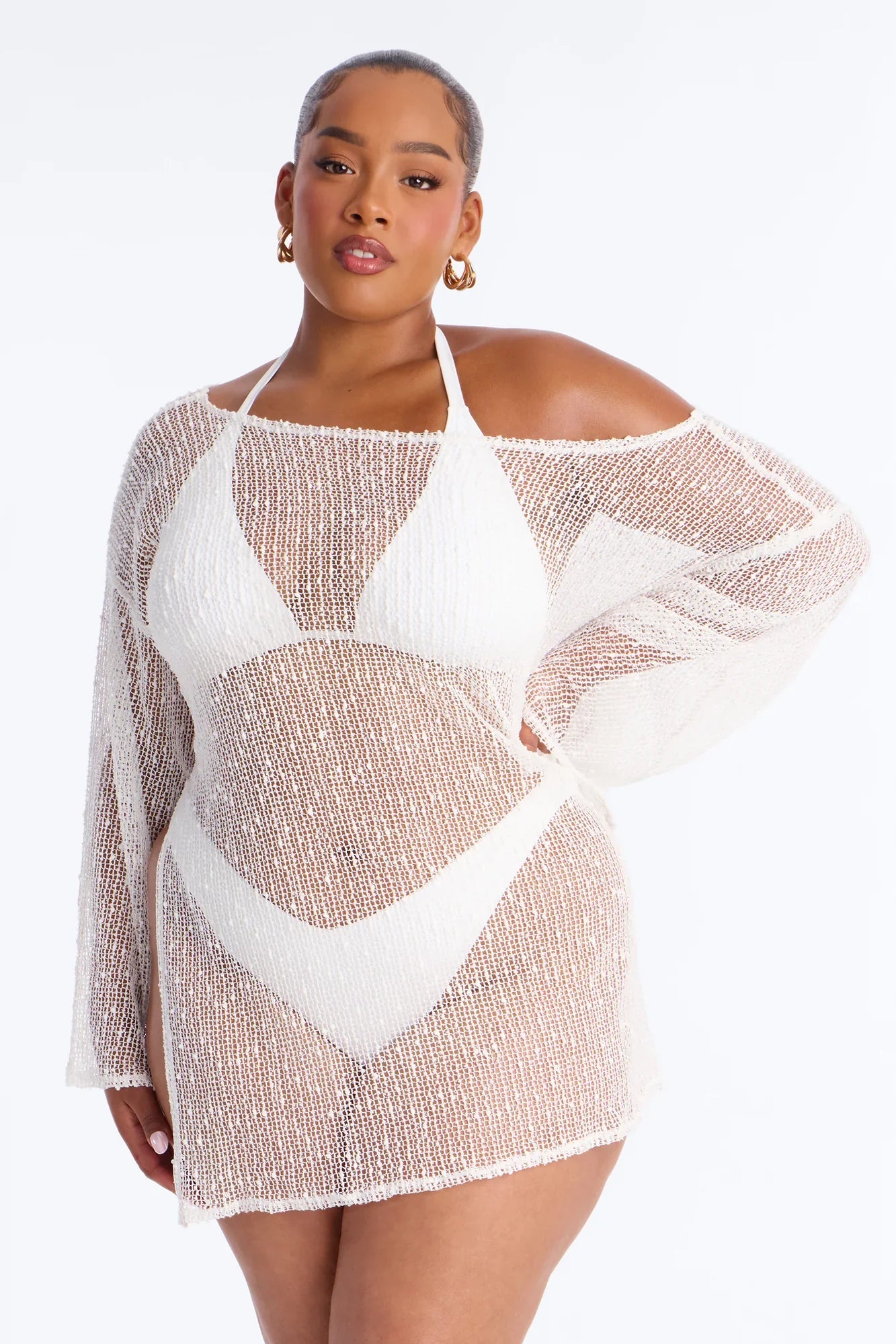 Sarah Textured Long Sleeves Off Shoulder Swim Cover Up Top - White