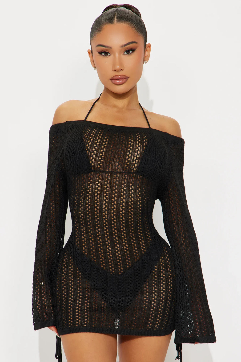 Tropical Skies Off Shoulder Ruched Cover Up Mini Dress - Black