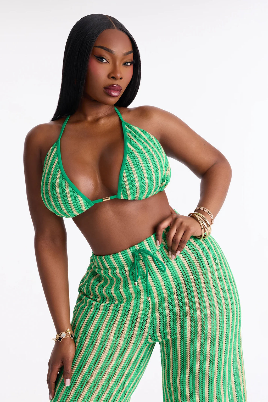 Callie Crochet 3 Piece Bikini & Pants Set - Green/combo