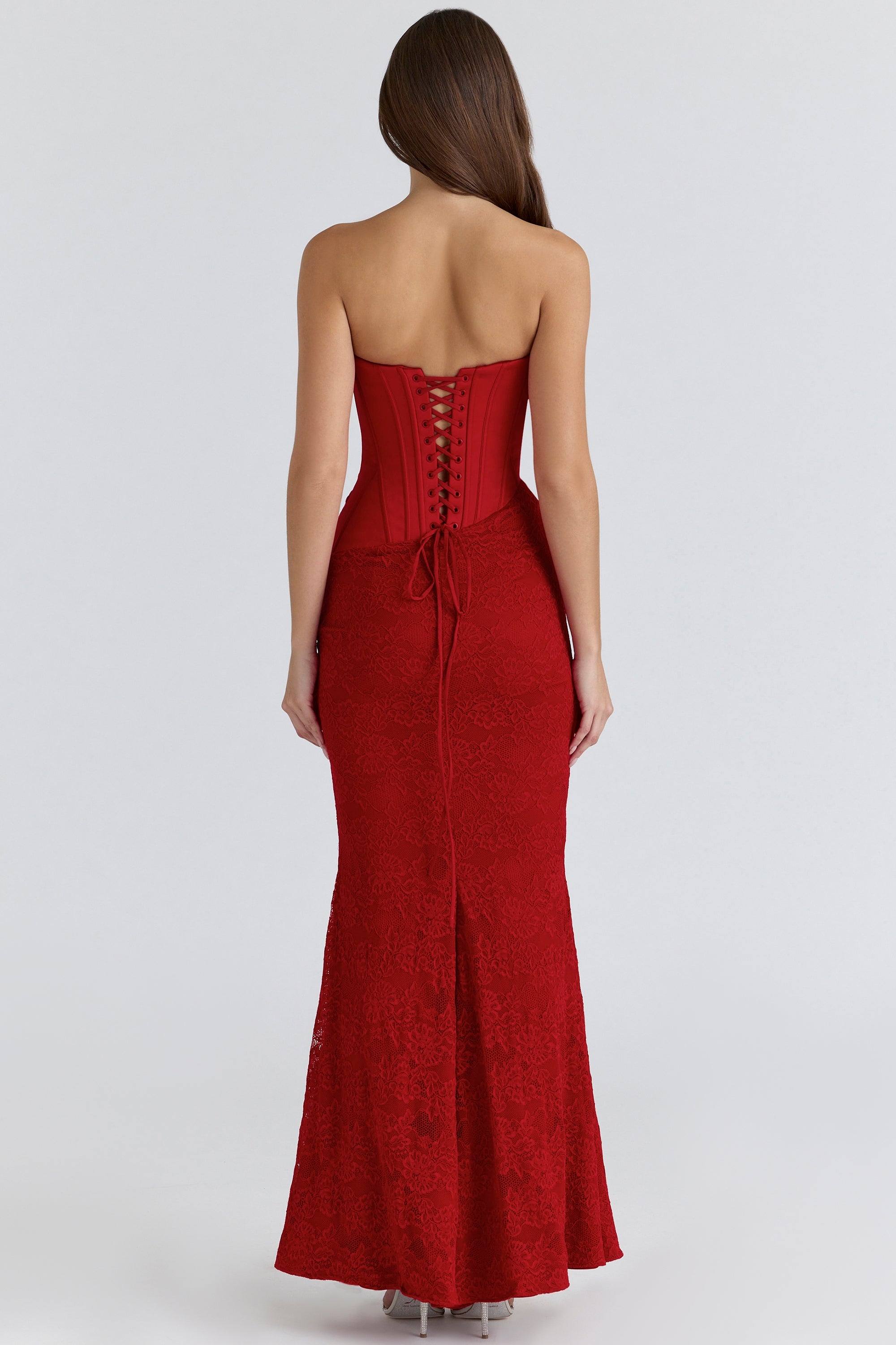 red satin lace strapless maxi dress
