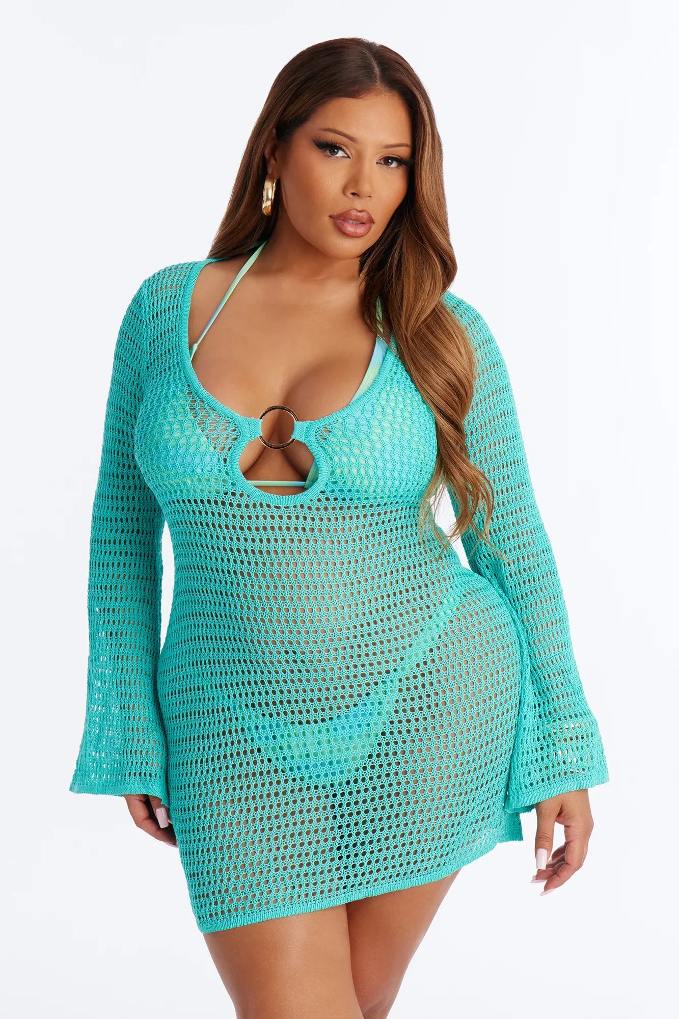 Clare Textured Long Sleeve O-Ring Swim Cover Up Dress - Turquoise