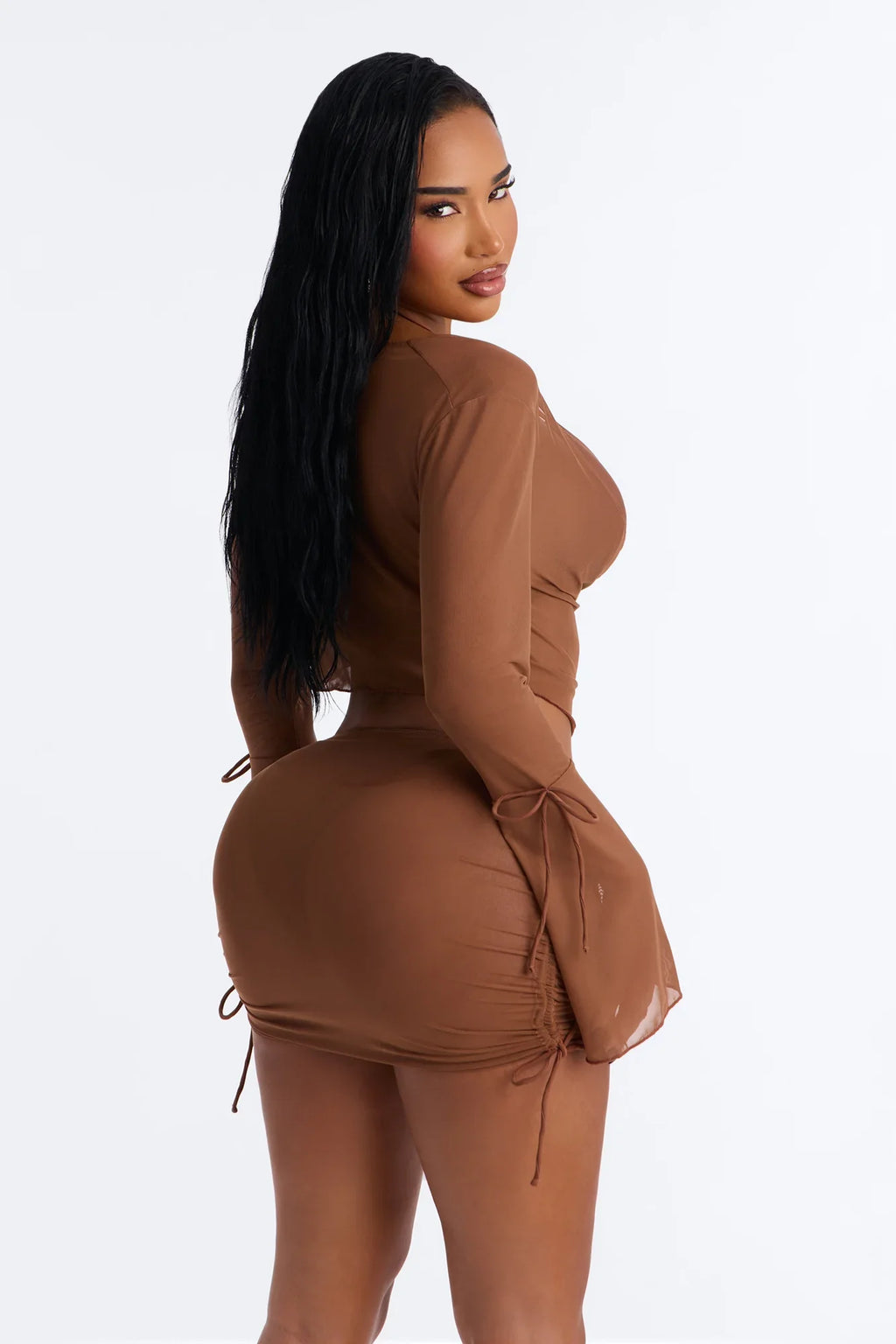 Brietta Mesh 4 Piece Triangle Bikini Top & Skirt Sunsuit - Brown