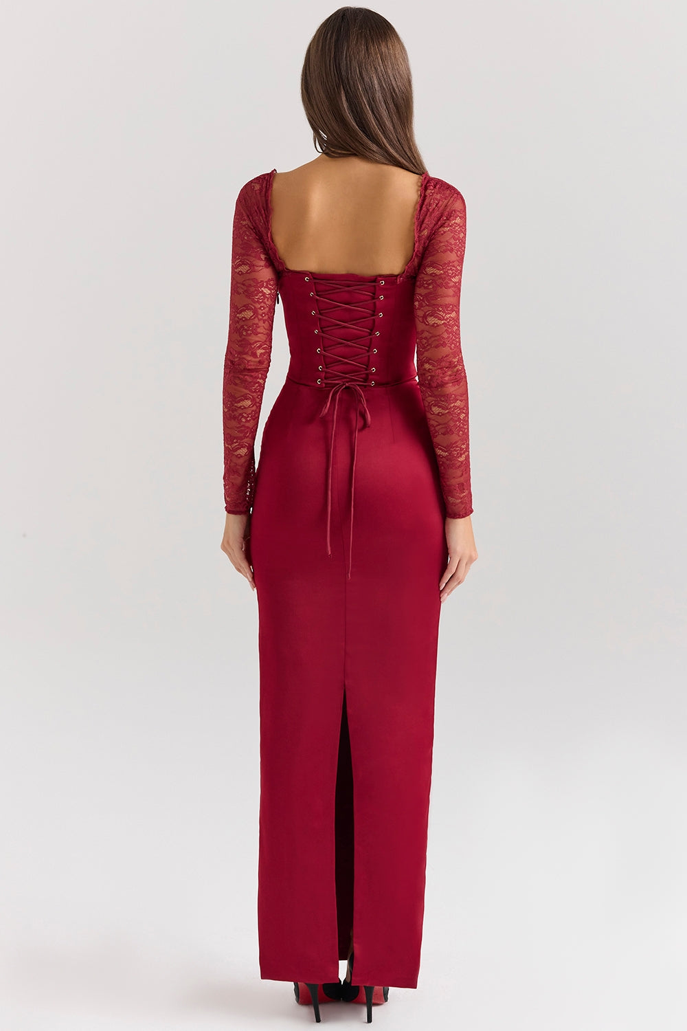 berry satin maxi dress with corset