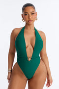 In Your Daydreams 1 Piece Halter Belted Swimsuit - Hunter Green