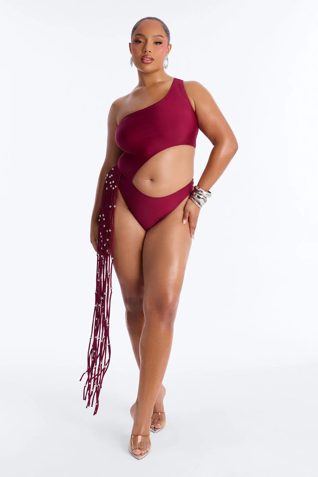 Wendy Fringe Cut Out 1 Piece Swimsuit - Burgundy