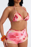 Rina 2 Piece Ruffle Floral Triangle Bikini & Boyshort Bottom Set - Pink/combo