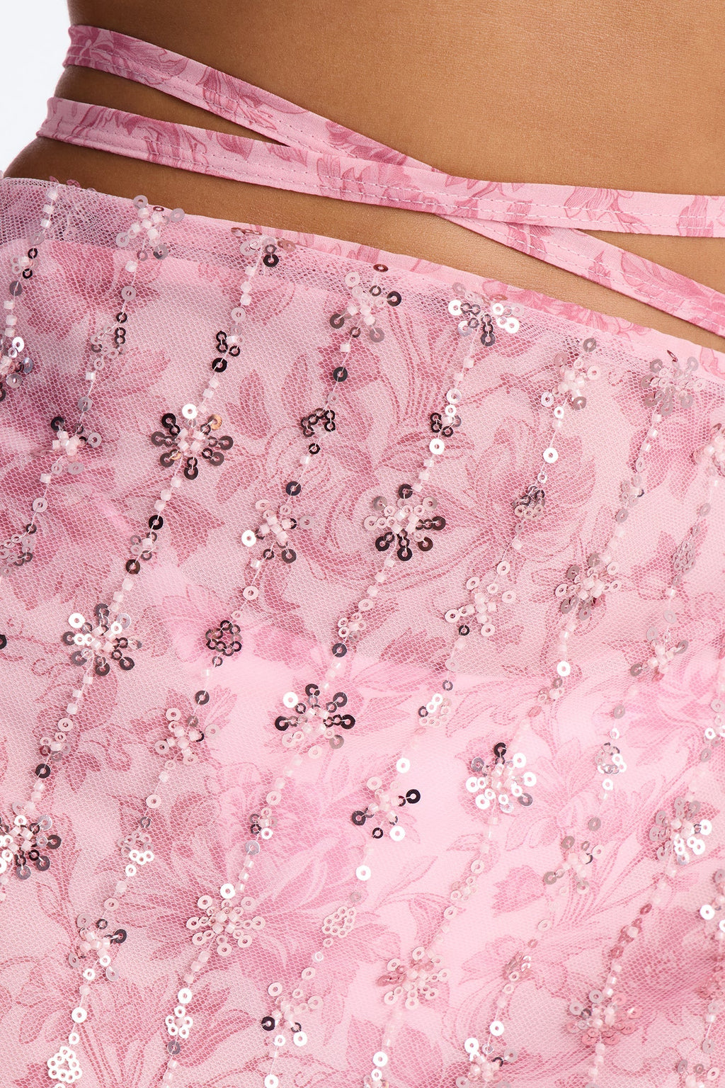 Salt Water Embellished Floral Sequin Trim Strappy Waist Tie Swim Cover Up Skirt - Pink