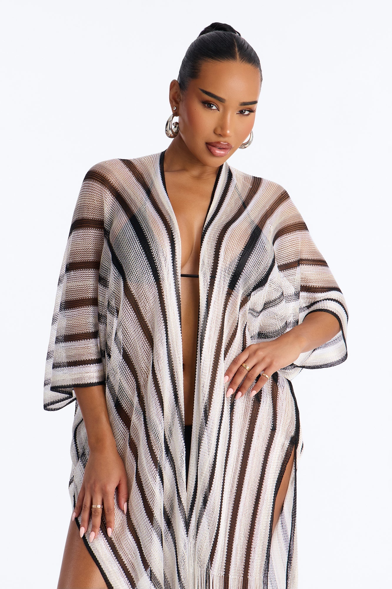 Leni Striped Swim Cover Up Kimono - Black/White