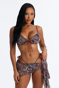 Baddie In The Wild 3 Piece Leopard Ruffle Bralette Bikini & Mesh Cover Up Mini Skirt Sunsuit - Leopard