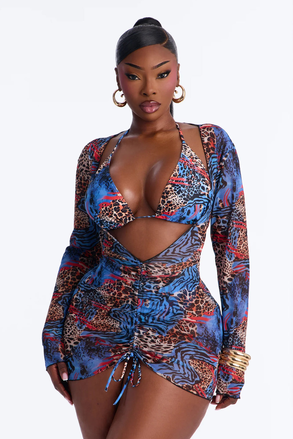 Maika Animal Print 3 Piece Triangle Bikini & Cover Up Mini Dress Sunsuit - Blue/combo