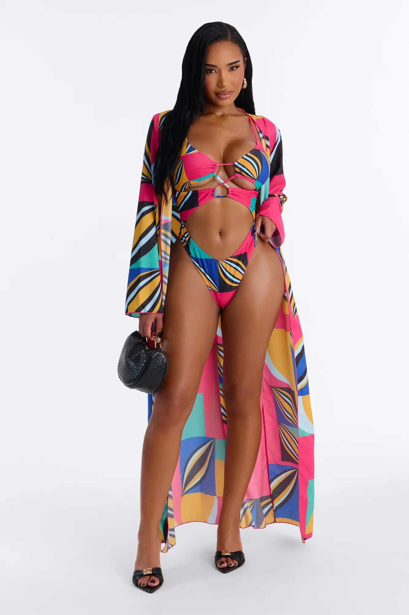 Leila Abstract Cut Out 1 Piece Swimsuit With Swim Cover Up Kimono - Multi Color