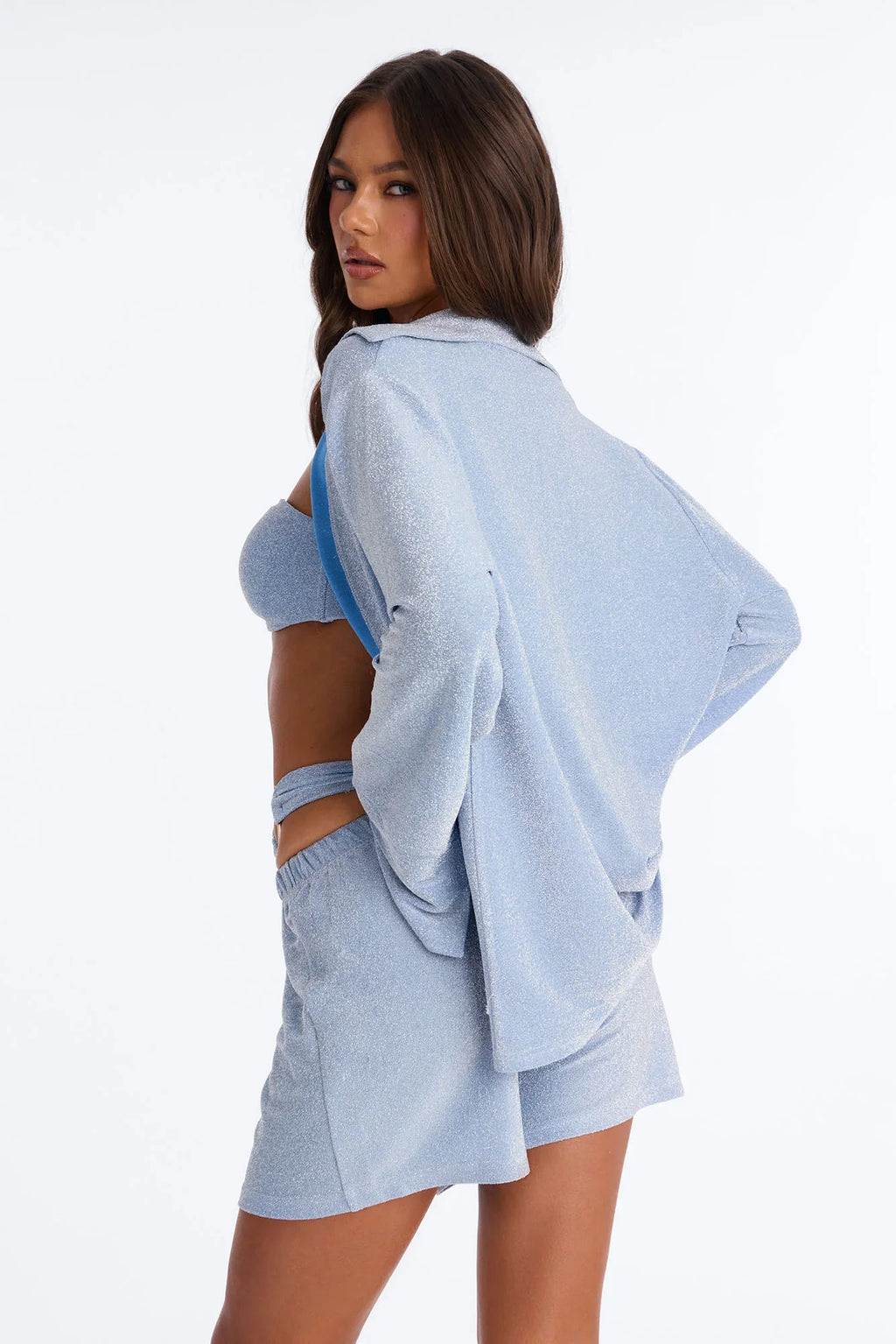 Shine On Me 4 Piece Metallic Bandeau Bikini & Cover Up Shirt & Short Sunsuit - Light Blue