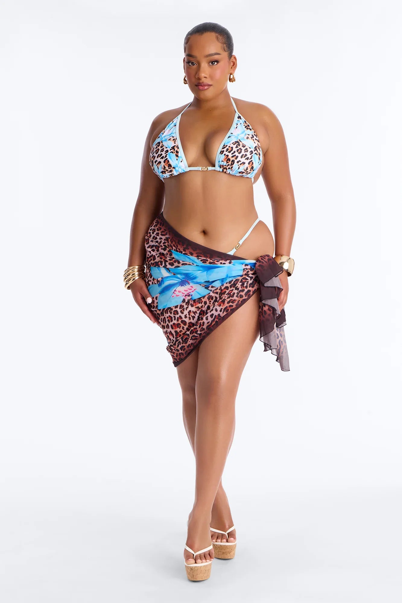 Quinn Floral Leopard 3 Piece Bikini Sarong Set - Leopard