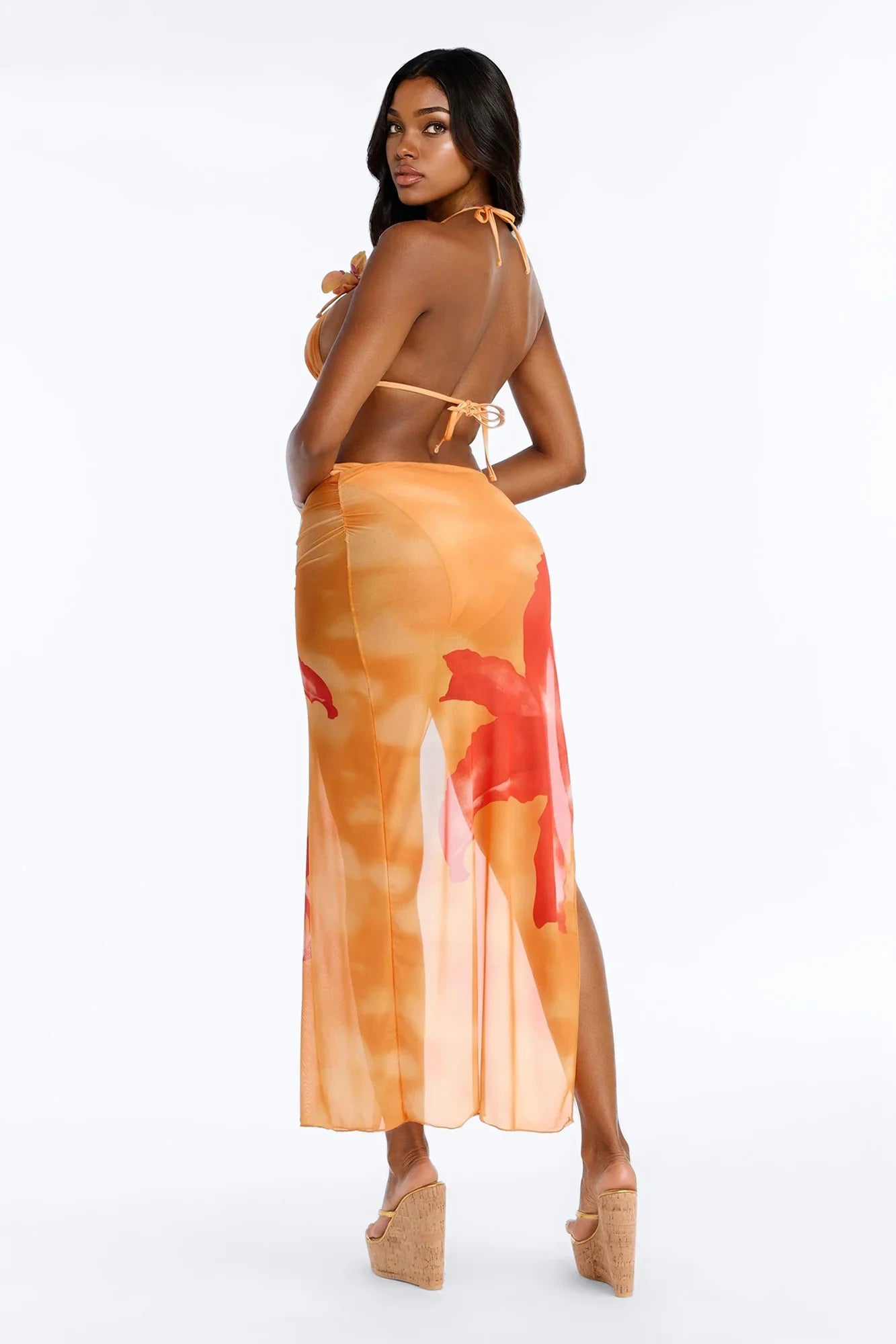 Paradise Orchid Flowers 3 Piece Bikini & Ruched Skirt Set - Orange/combo