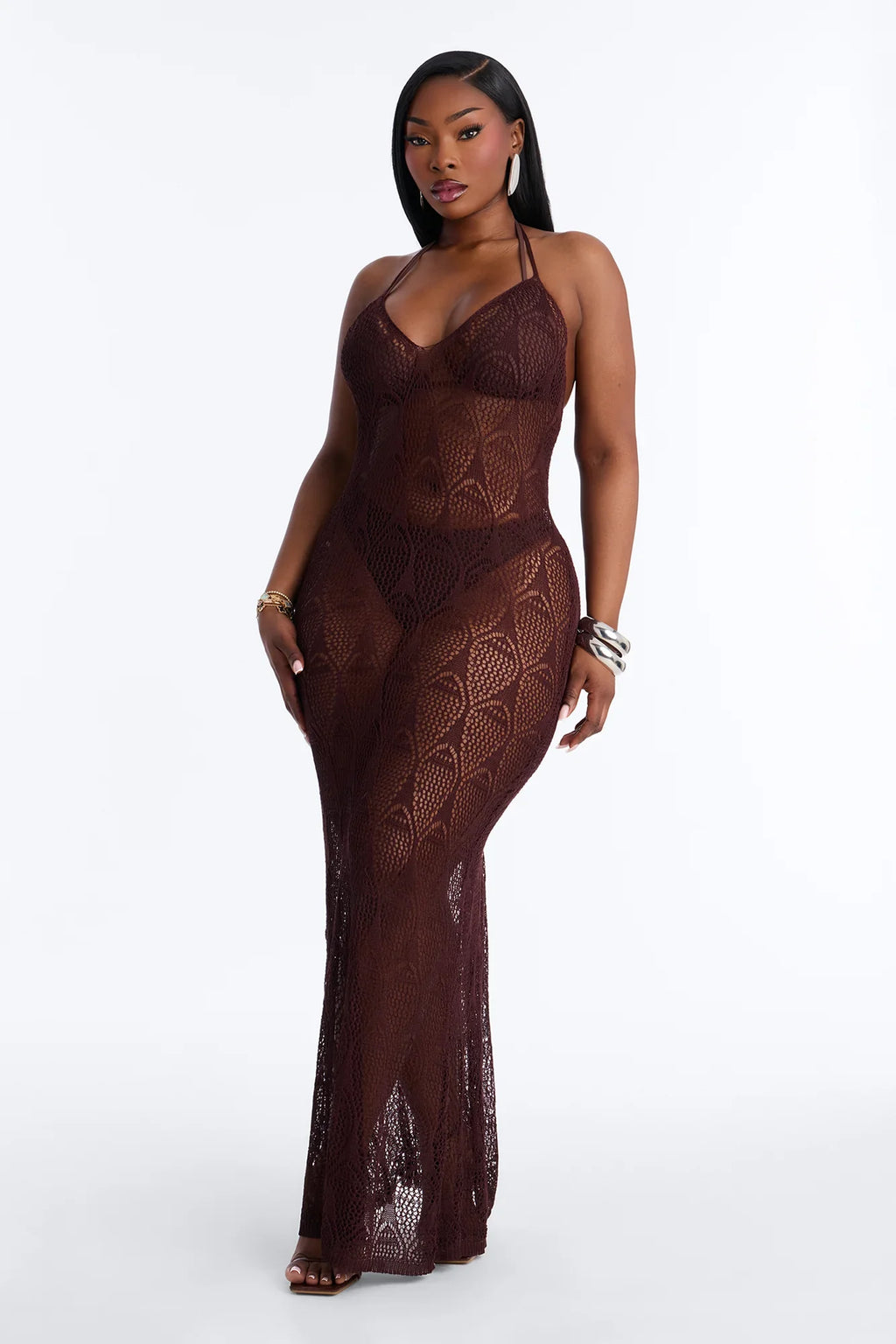 Jocelyn Crochet V-Neck Swim Cover Up Dress - Brown