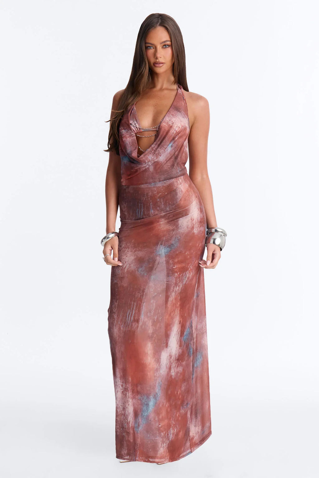 Alia 3 Piece Tie Dye Triangle Bikini & Chain Cover Up Halter Maxi Dress Sunsuit - Multi Color