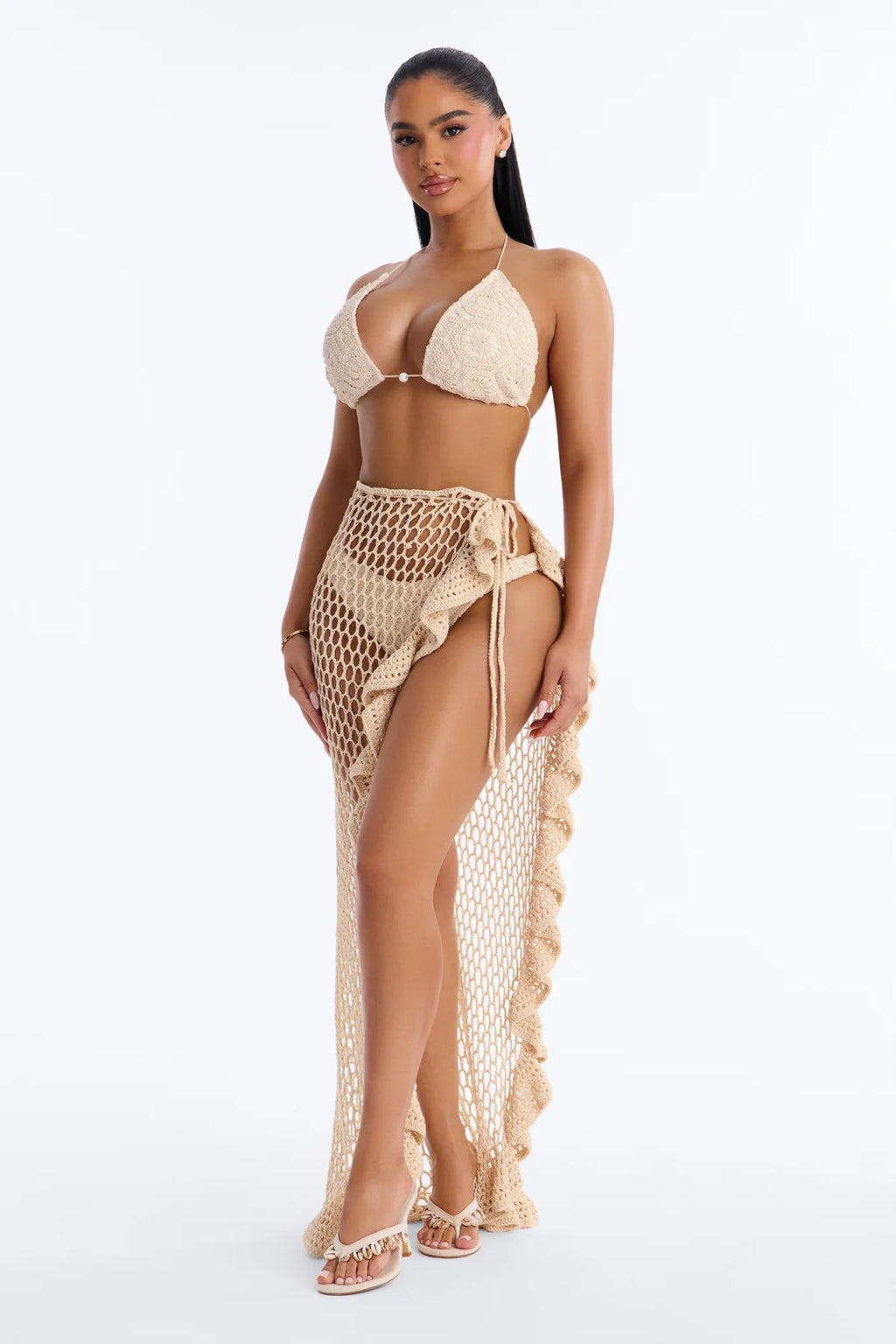 Tracey Ruffle Waist Tie Swim Cover Up Sarong - Cream
