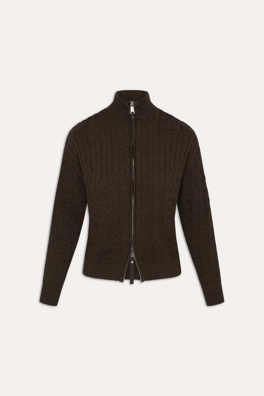 Bea Cable Knit Zip Up Sweater - Chocolate Brown