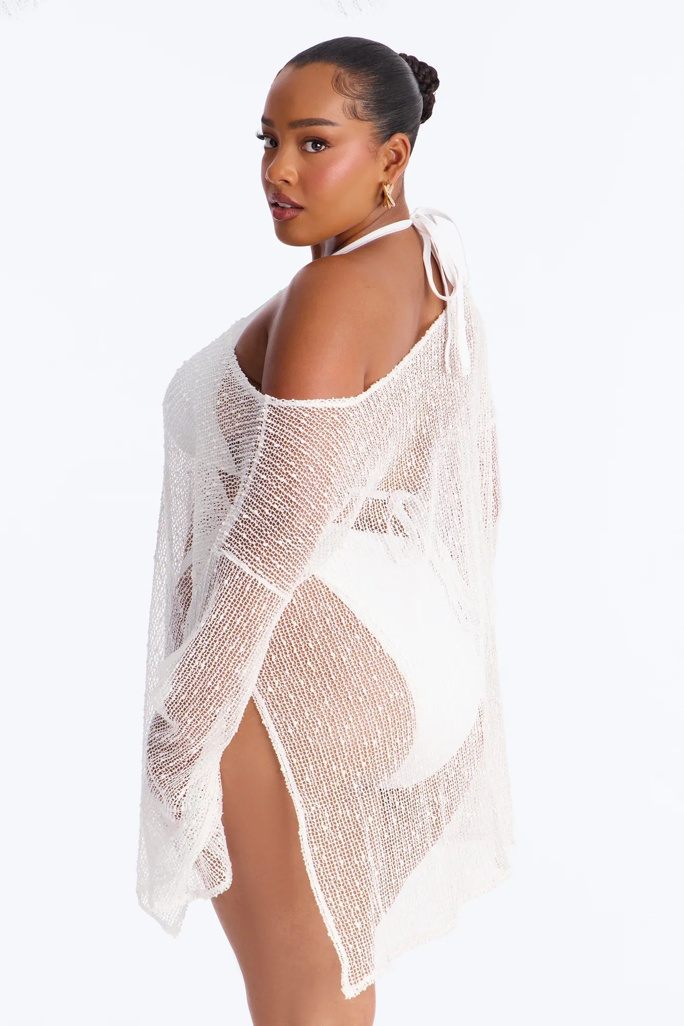 Sarah Textured Long Sleeves Off Shoulder Swim Cover Up Top - White