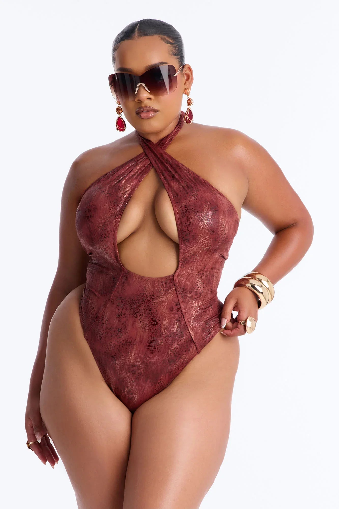 Keep Me Close Halter Neck 1 Piece Swimsuit - Brown/combo
