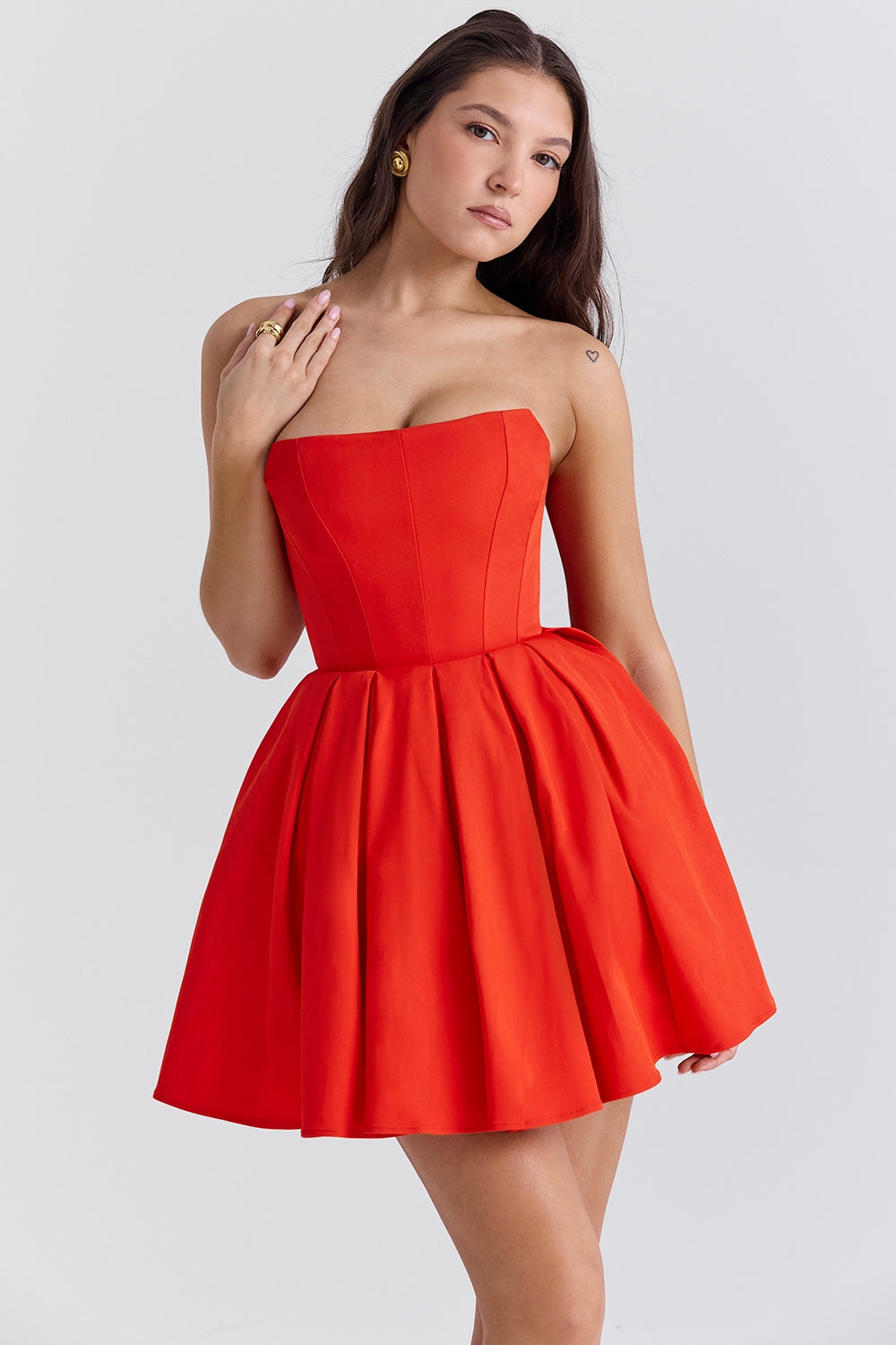 italian tomato strapless pleated mini dress