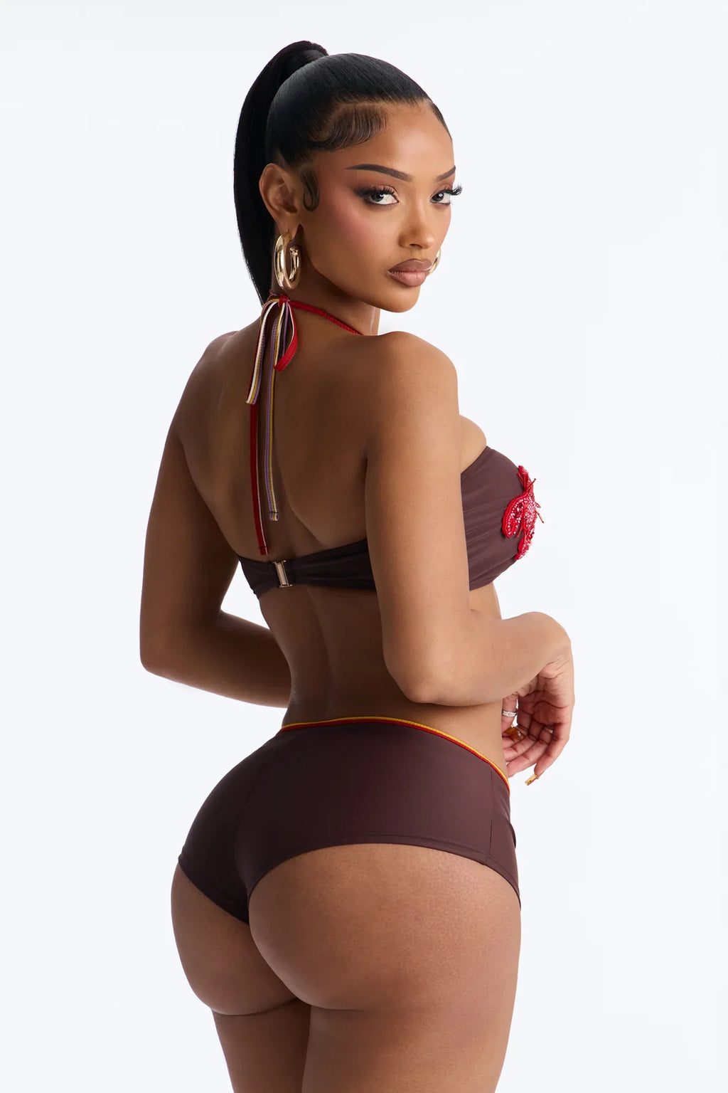 Selena 3 Piece Embellished Bandeau Bikini & Cover Up Boyshorts Sunsuit - Brown