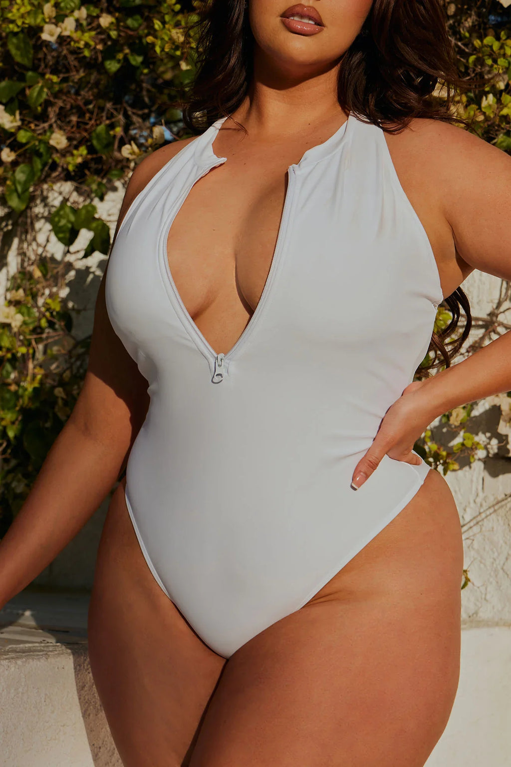 Evelyn Zip Up 1 Piece Swimsuit - White