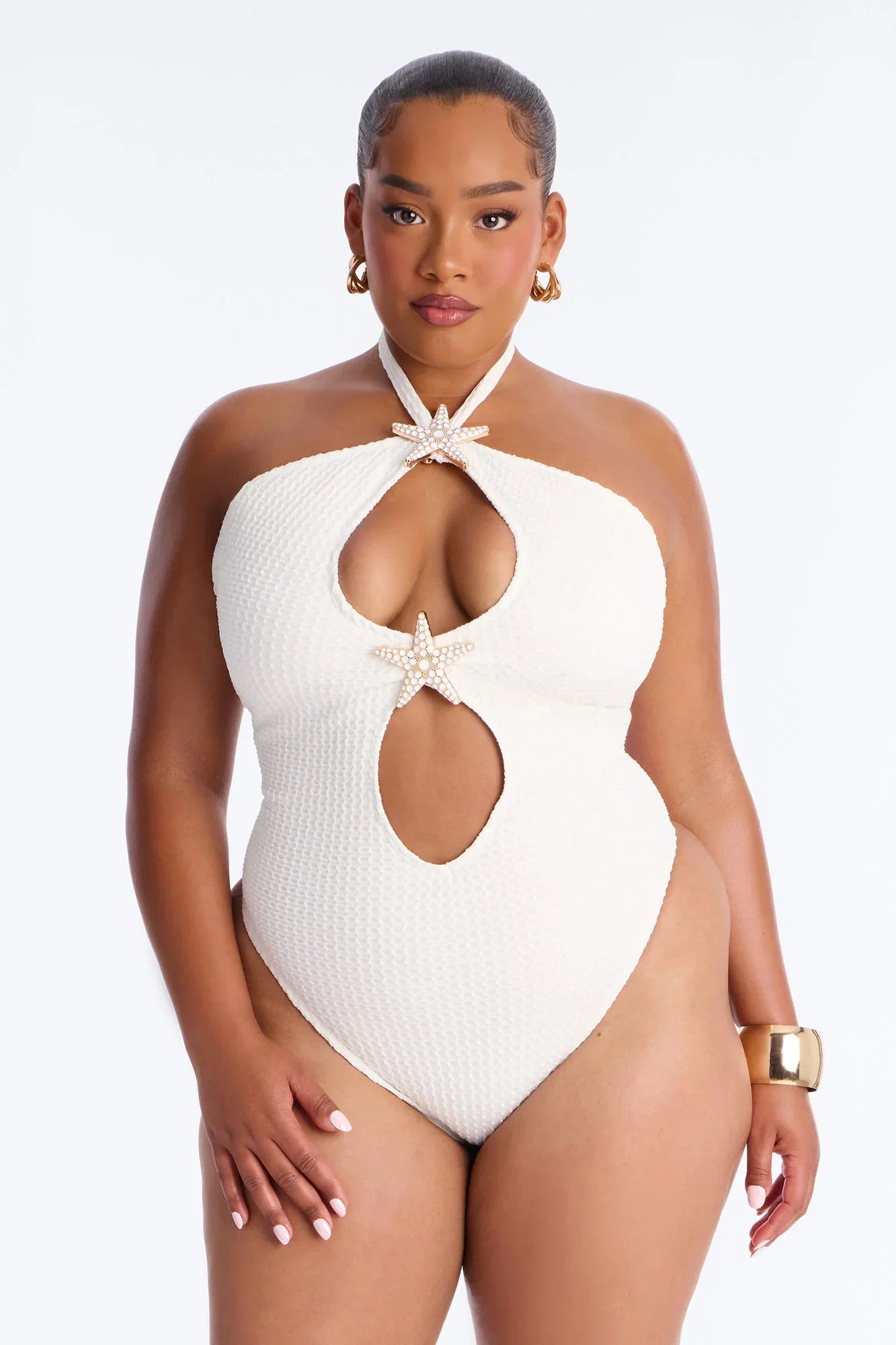 Mermaid Siren Starfish Hardware Texture Cutout 1 Piece Swimsuit - White
