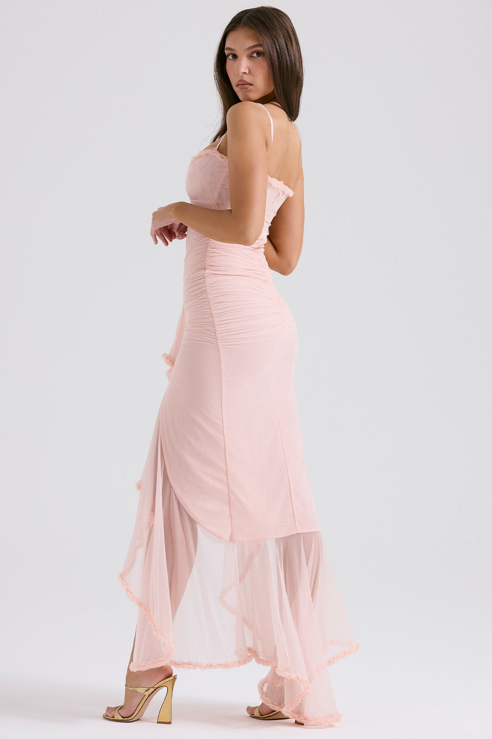 soft peach ruffled front gown