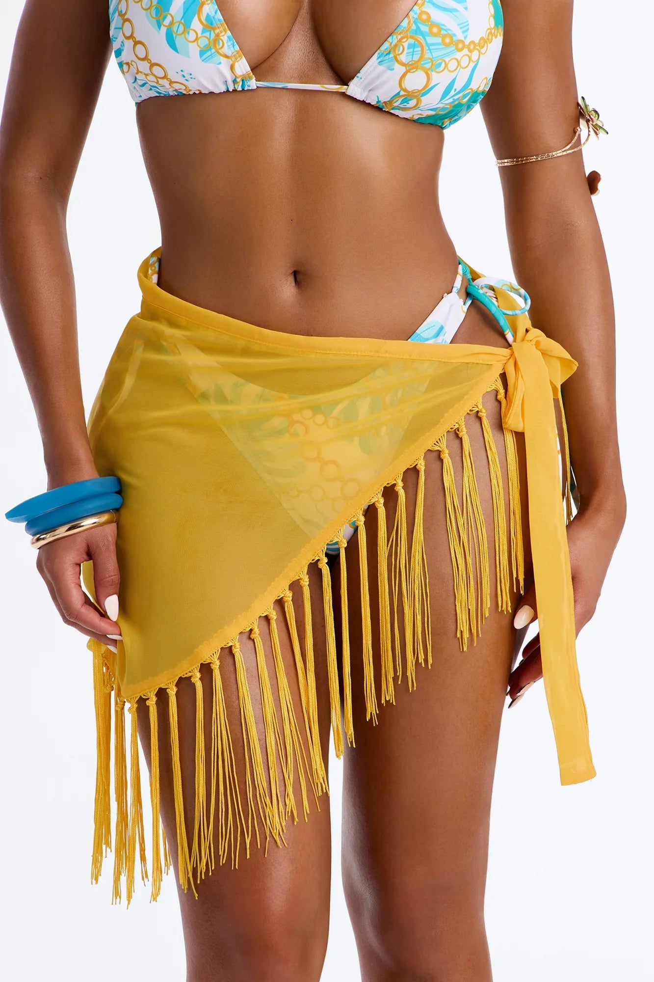 In The Tropics Mesh Fringe Swim Cover Up Sarong - Yellow