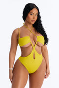 Oceanfront Cut Out High Cut 1 Piece Swimsuit - Yellow