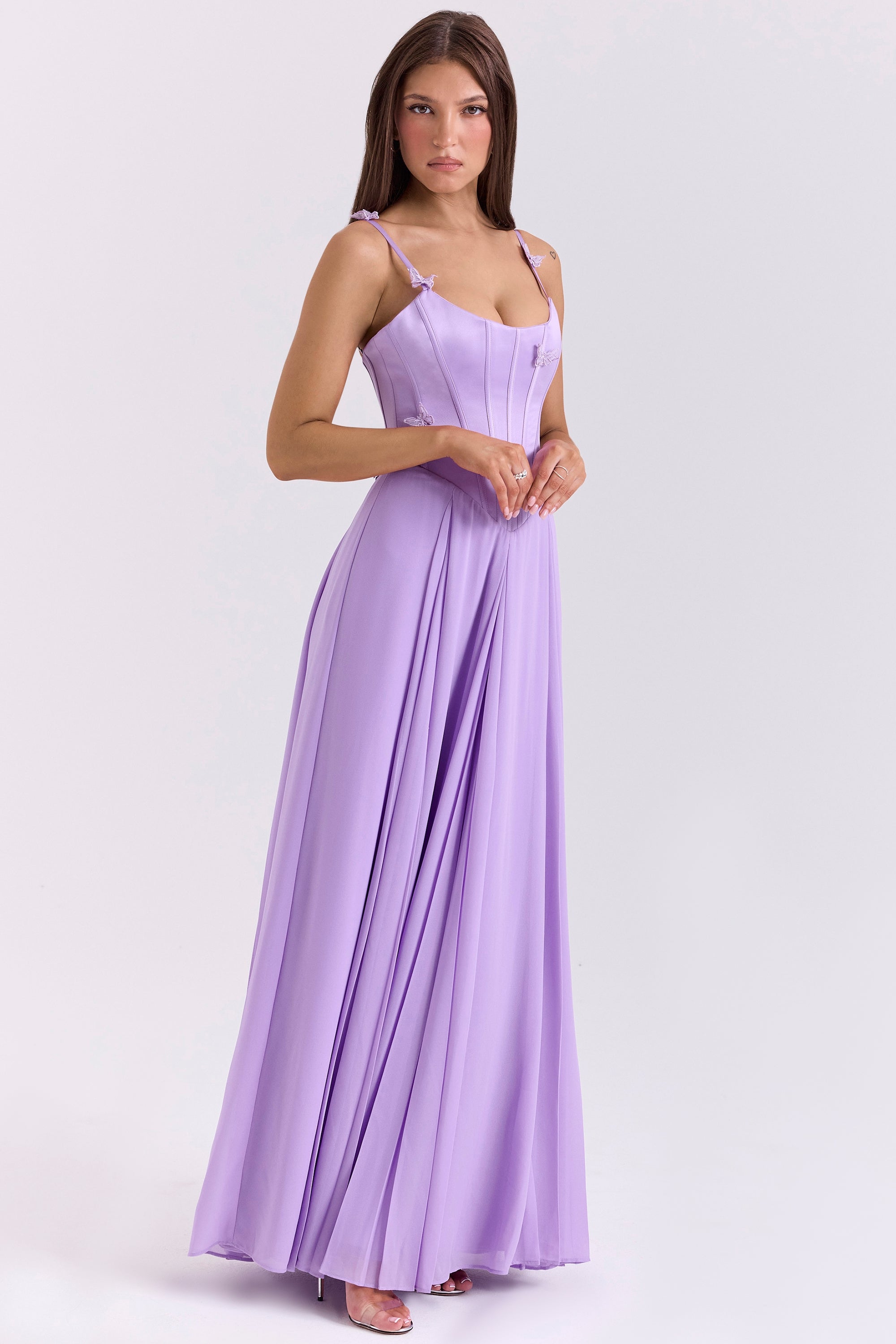 orchid butterfly corset maxi dress