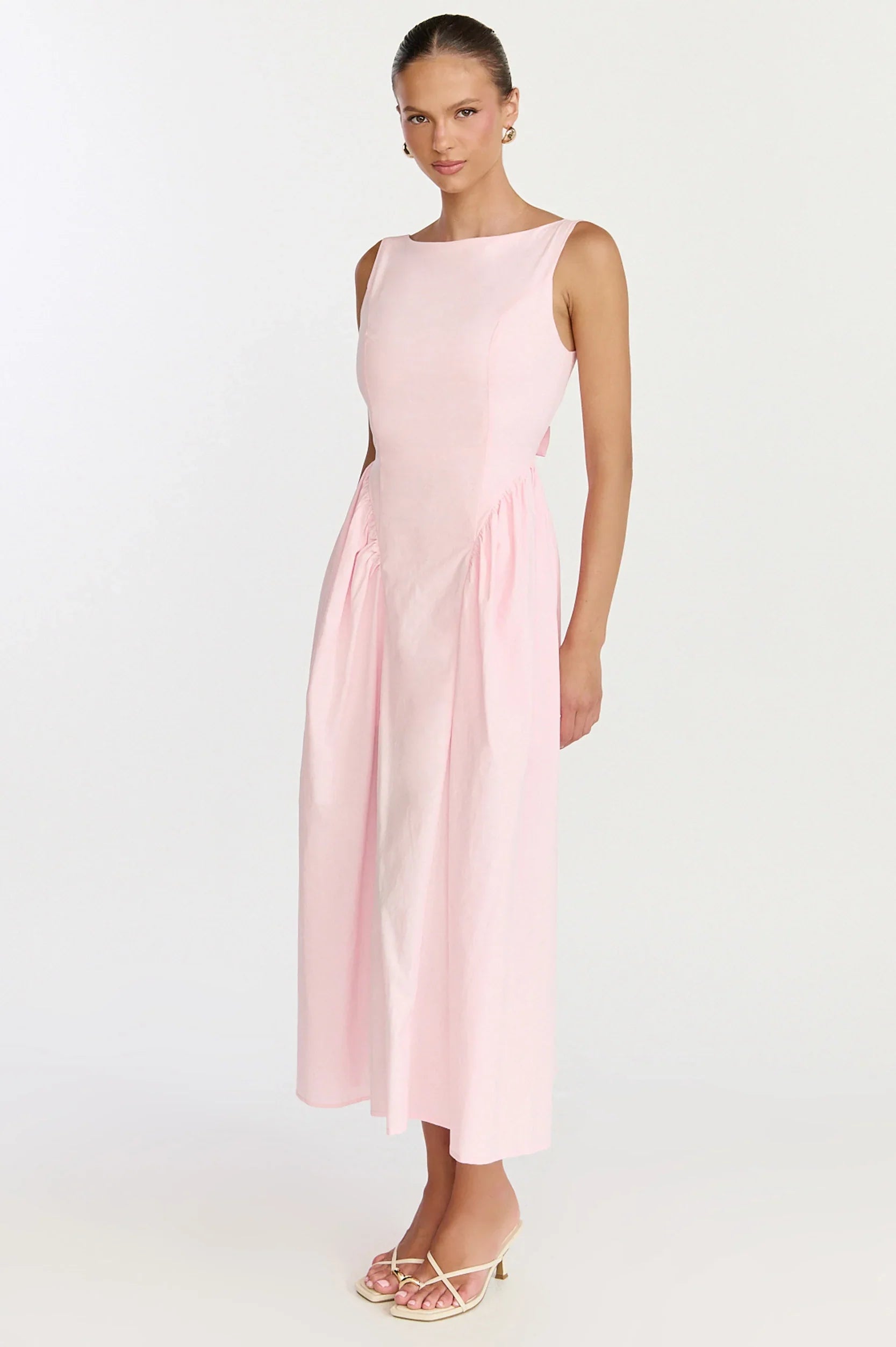 Casina Midi Dress - Boat Neck Tie Back Fit And Flare Dress in Pale Pink