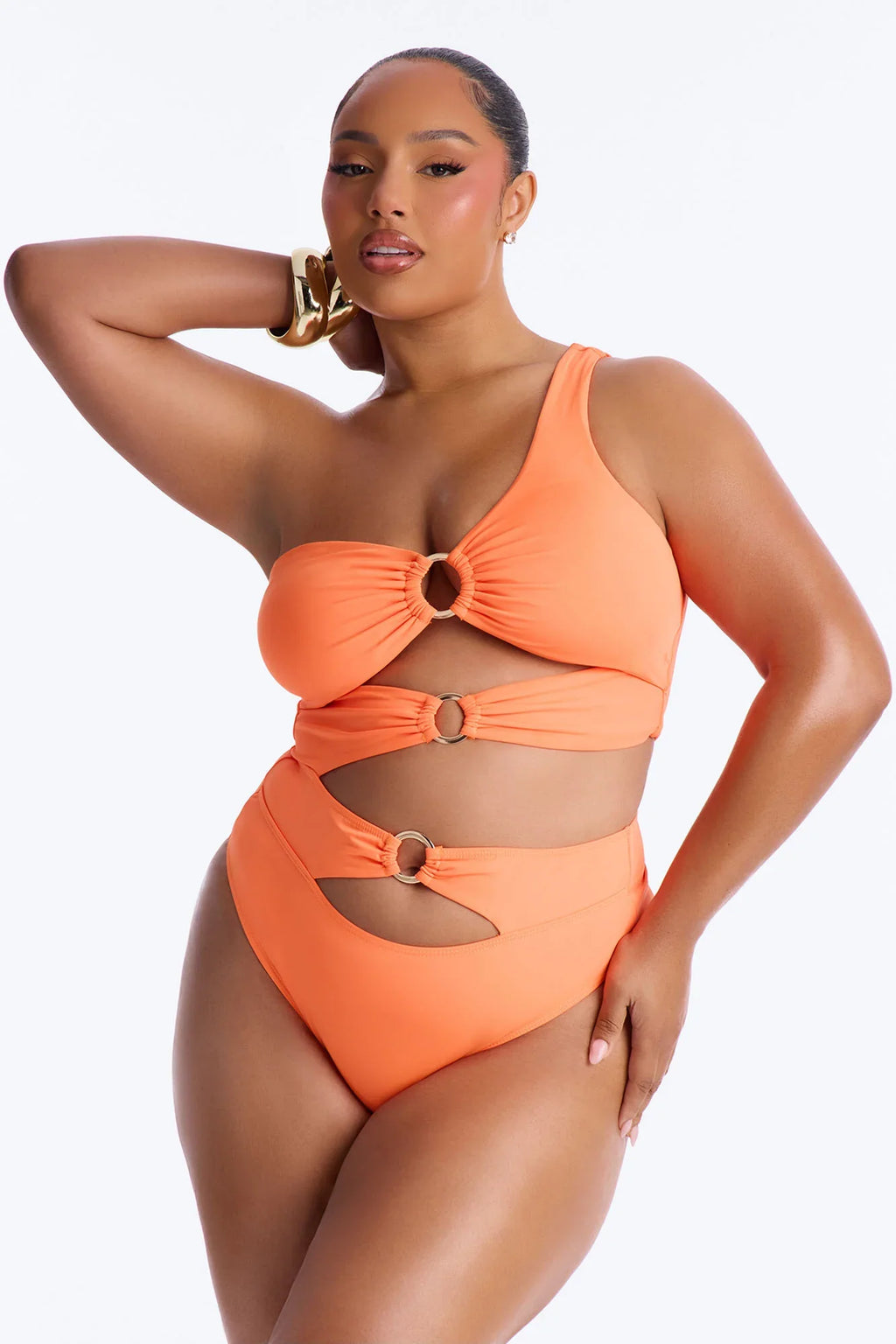 Water You Doing One Shoulder Cut Out O-Rings 1 Piece Swimsuit - Orange