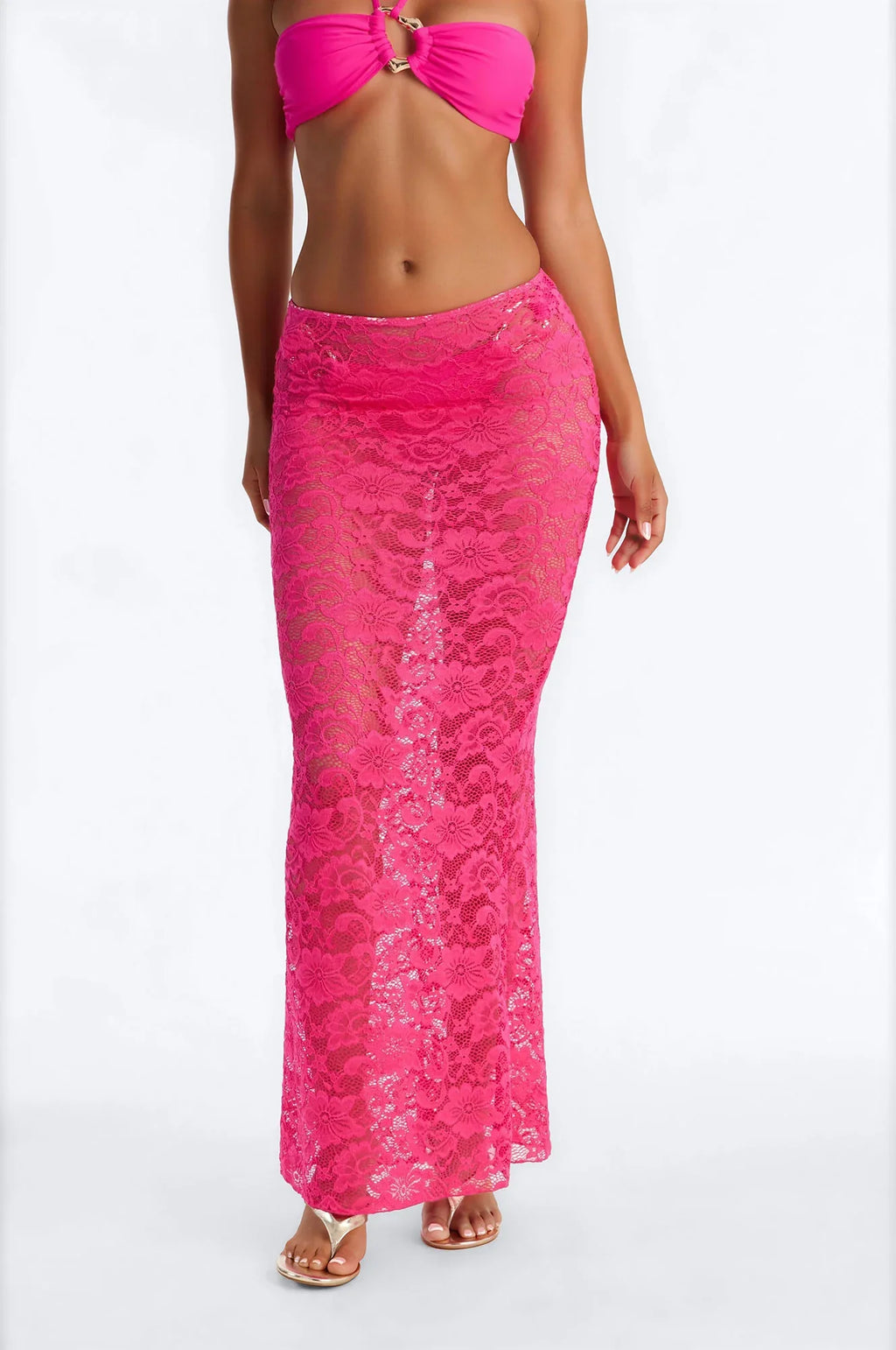 Naia 3 Piece Bandeau Bikini & Swim Cover Up Lace Maxi Skirt Sunsuit - Fuchsia