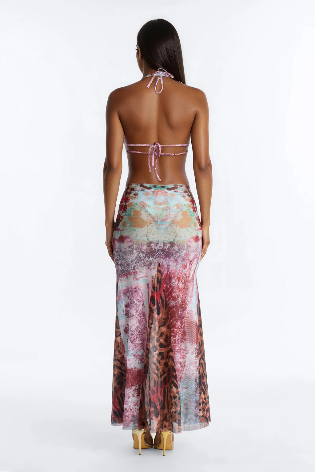Mia 3 Piece Animal Print Triangle Bikini & Mesh Cover Up Cowl Neck Dress Sunsuit - Multi Color