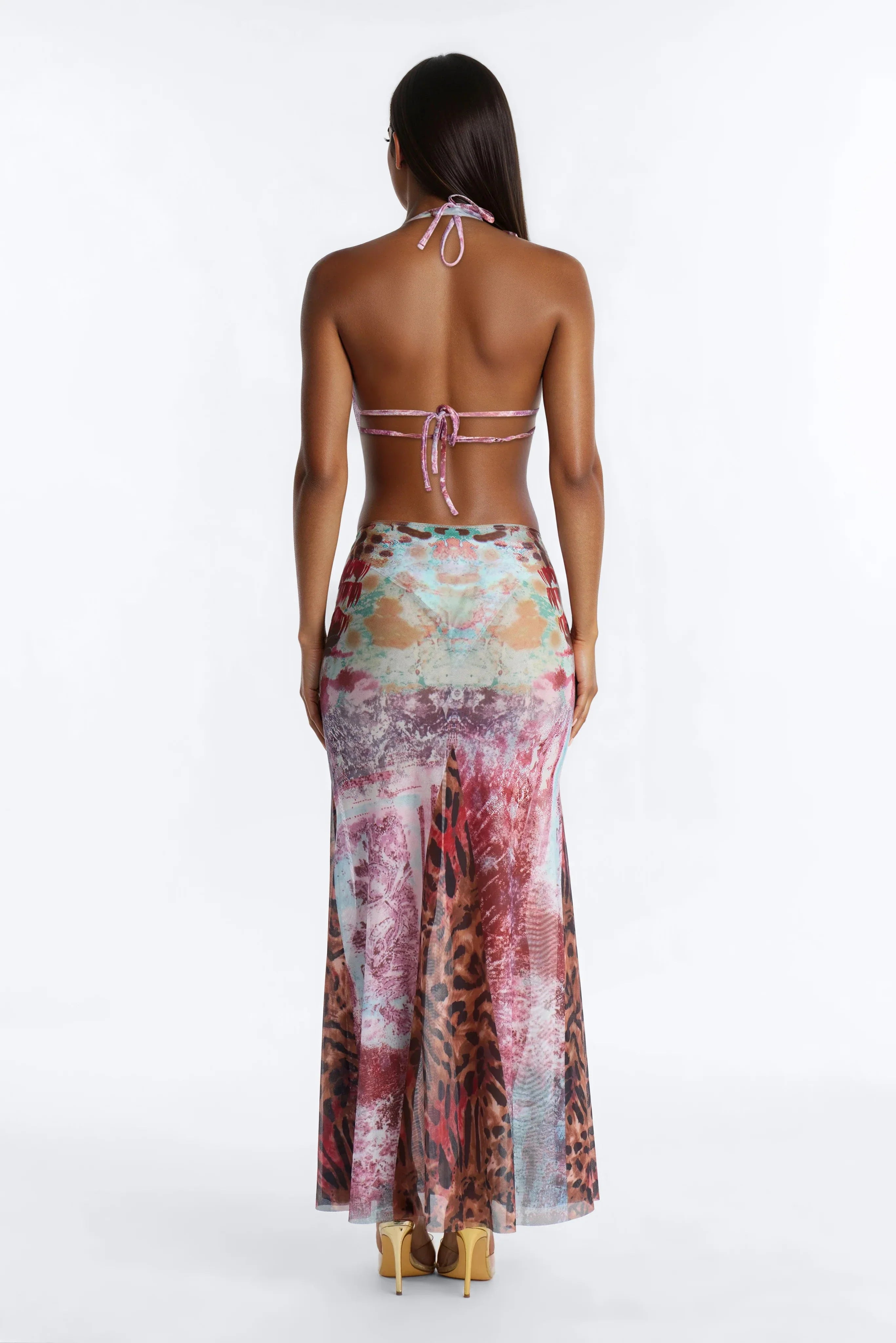 Mia 3 Piece Animal Print Triangle Bikini & Mesh Cover Up Cowl Neck Dress Sunsuit - Multi Color