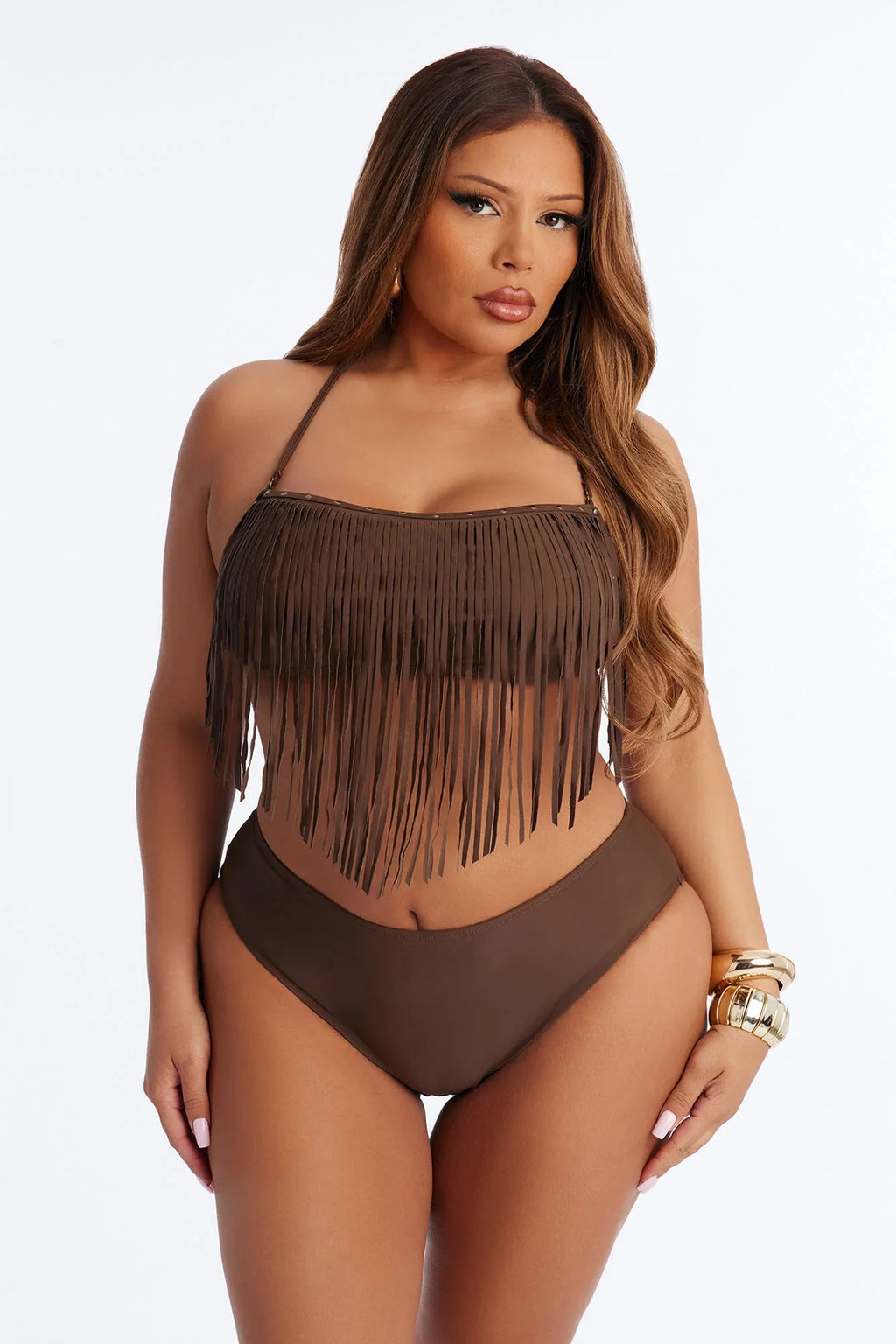 Sunkissed Mischief 3 Piece Fringe Bikini Set - Brown