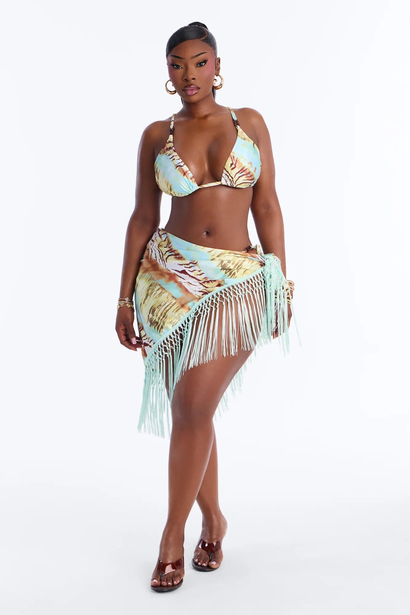 Neeva Tiger Fringe 3 Piece Bikini & Sarong Sunsuit - Blue/combo