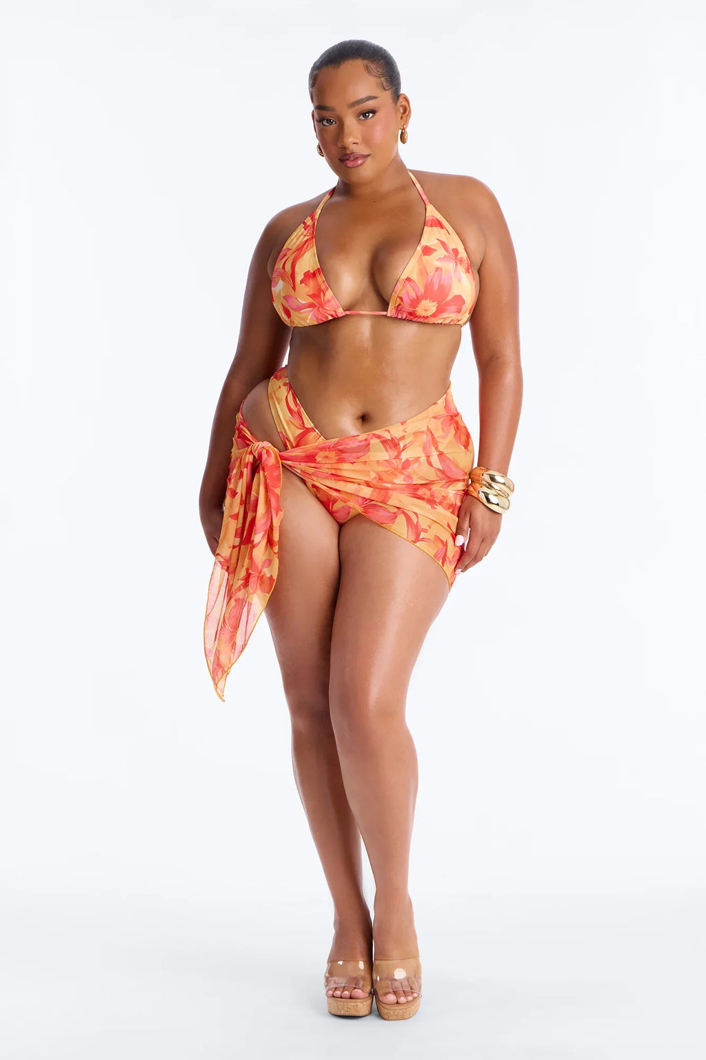 Lora Floral 3 Piece Triangle Bikini Set - Orange/combo
