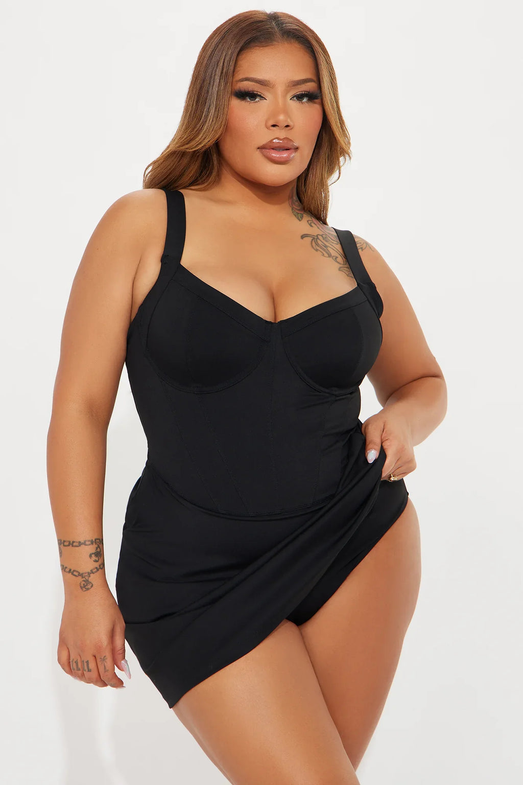 Delvina Snatched Sculpting Underwire 1 Piece Swimsuit Dress - Black