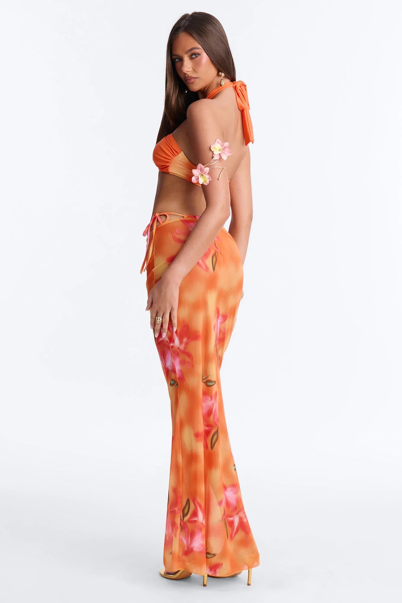 Susanna Floral Bandeau Maxi 3 Piece Bikini Skirt Set - Orange