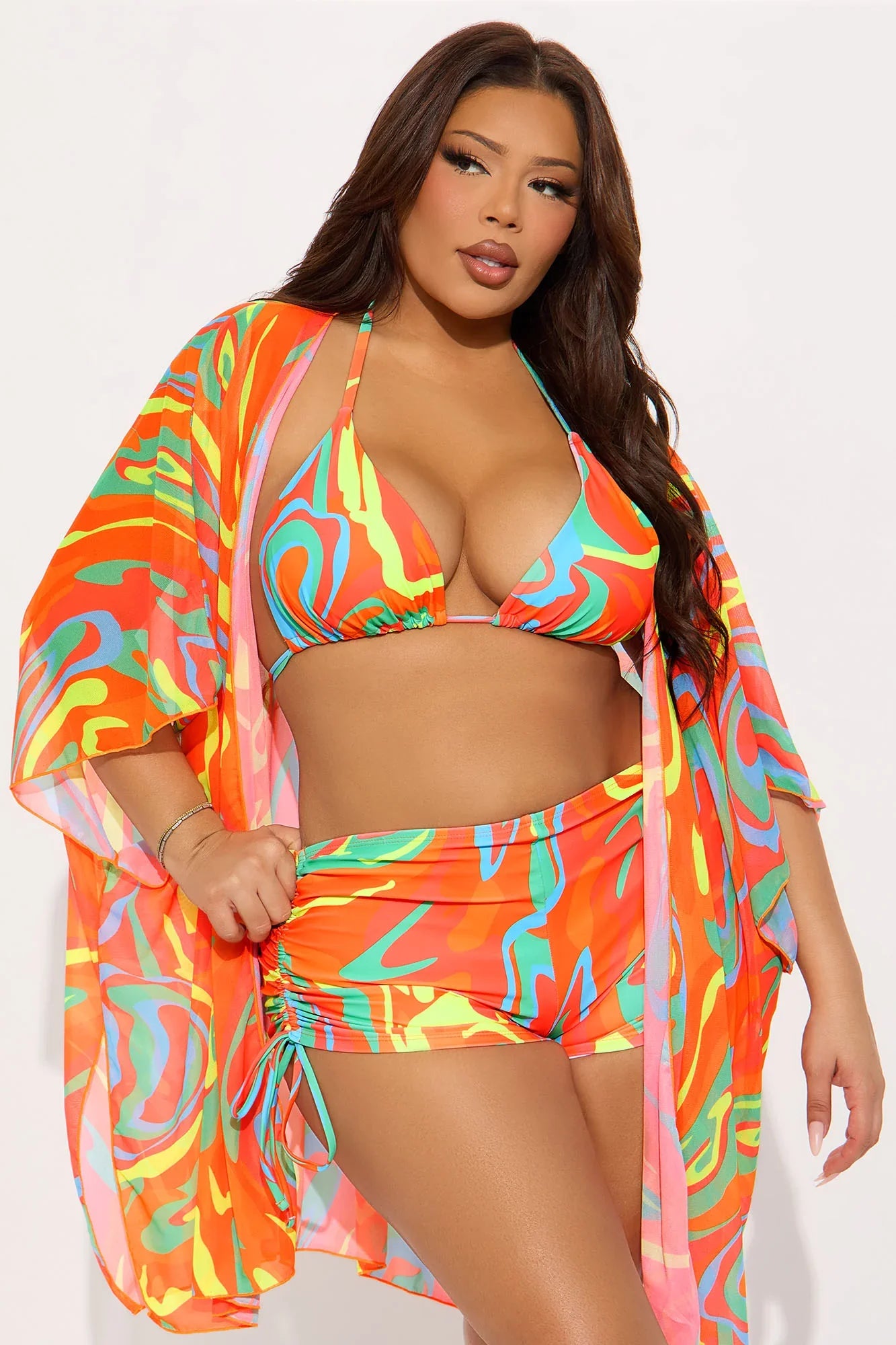 Kairi Ruched Boyshort & Kimono 3 Piece Bikini Set - Orange/combo