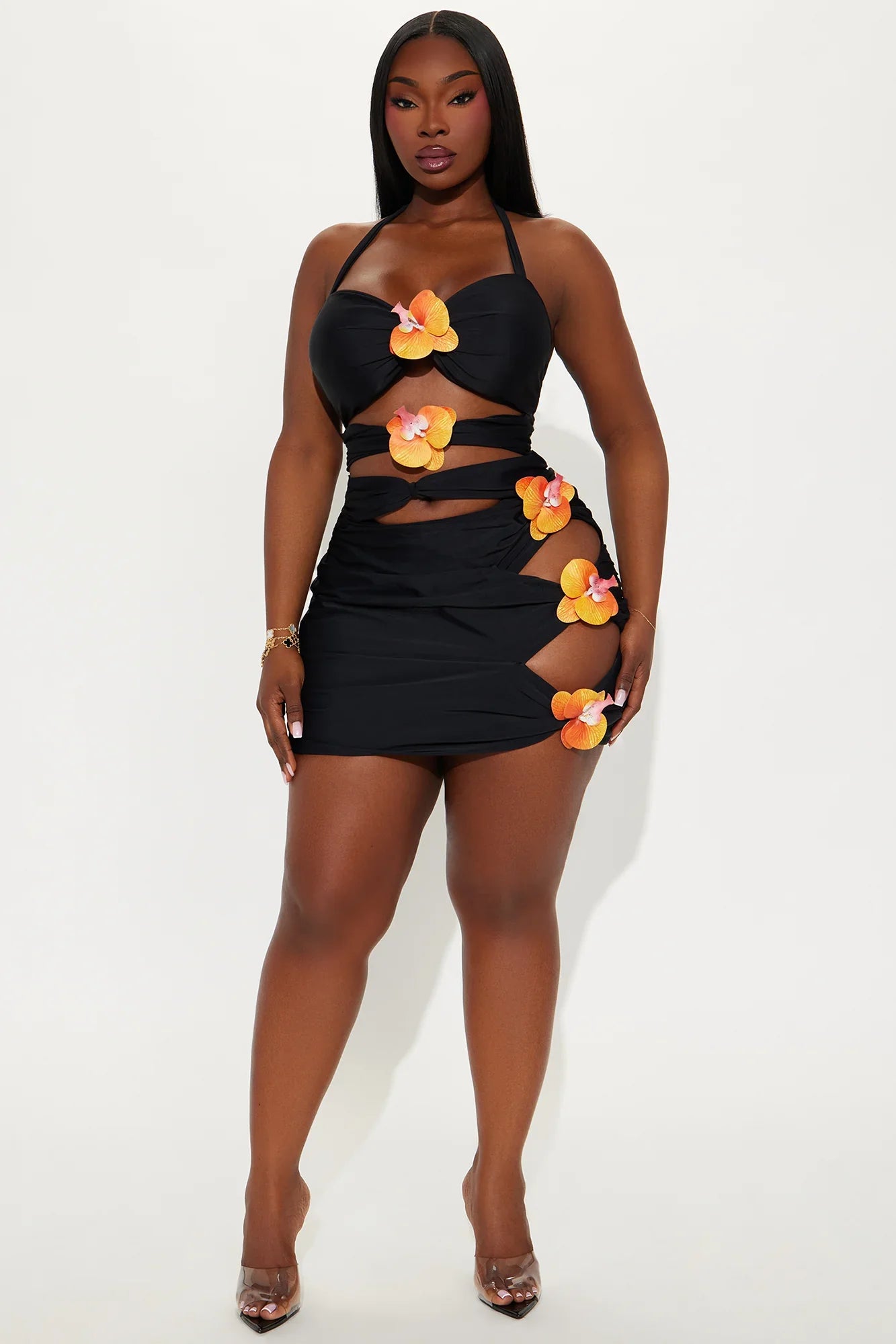Paradise Orchid Flowers Cutout 1 Piece Swimsuit & Skirt Set - Black/combo
