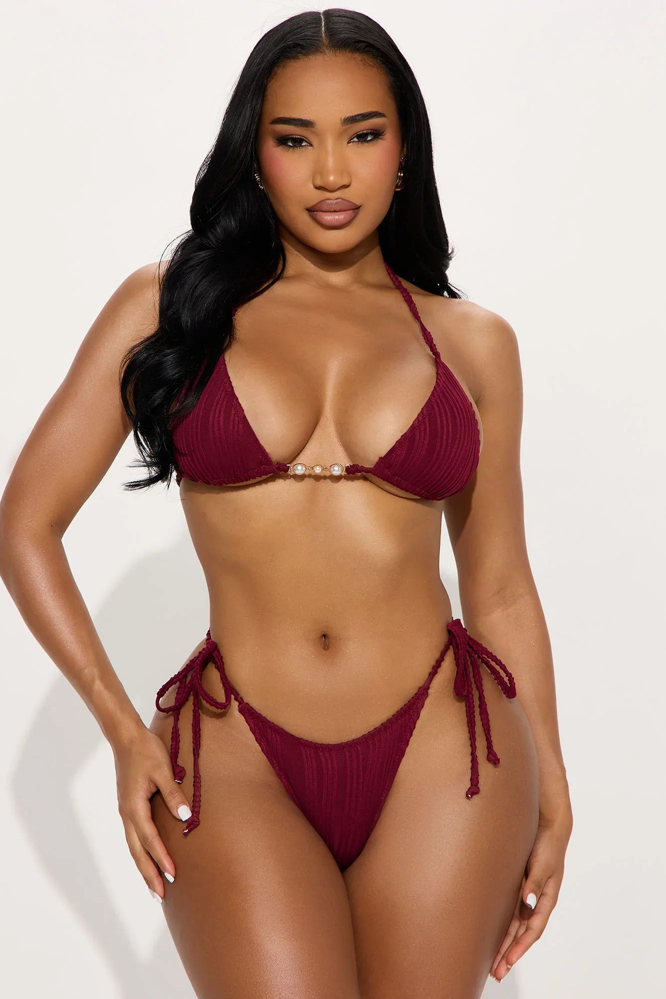 Prettiest Pearl Textured Hardware 3 Piece Bikini Set - Wine